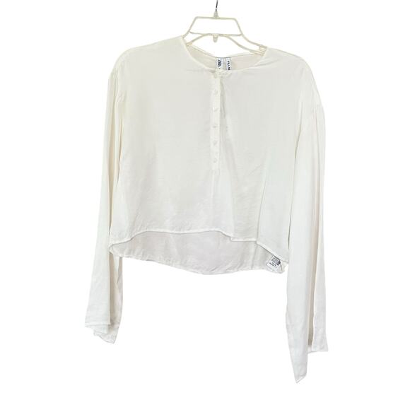 Zara Tops - Zara Ecru Boxy Cropped Henley Button Wide Long Sleeve Blouse Size Medium NWT